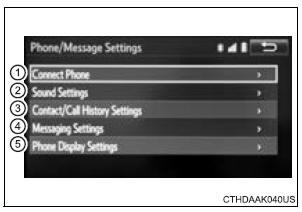Toyota Sienna. Phone/Message Settings screen