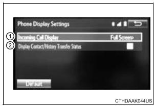 Toyota Sienna. Phone Display Settings