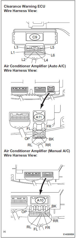 CHECK HARNESS AND CONNECTOR (CLEARANCE WARNING ECU - AIR CONDITIONER AMPLIFIER)